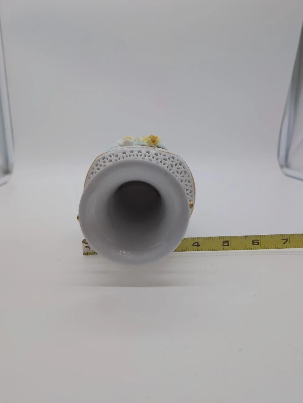 Vintage Chinese White Porcelain Floral Lattice Vase with Gold Handles 8x4 Inches